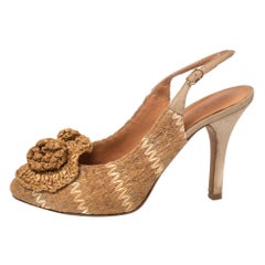 Dolce & Gabbana Tan And Beige Leather And Raffia Flower Slingback Pumps Size 37