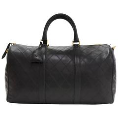2000s Chanel Black Quilted Lambskin Vintage Boston Travel Bag