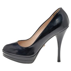 Versace Black Patent Leather Peep Toe Platform Pumps Size 38