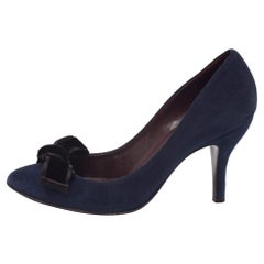Gucci Navy Blue Suede Bow Round Toe Pumps Size 36.5