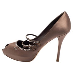 Louis Vuitton Brown Satin Crystal Embellished Peep Toe Pumps Size 40