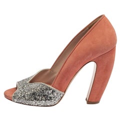 Miu Miu Silver/Pink Coarse Glitter and Suede Peep Toe Pumps Size 37