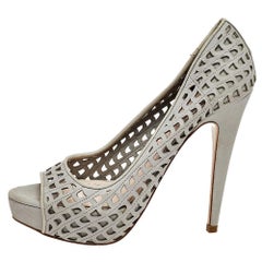 Miu Miu Grey Laser Cut Leather Peep Toe Platform Pumps Size 37