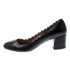 Chloe Black Leather Lauren Scallop Trim Block Heel Pumps Size 38.5