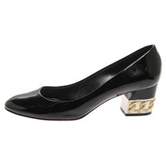 Casadei Black Patent Leather Chain Embellished Block Heel Pumps Size 37