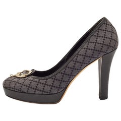 Gucci Azul/Plomo Diamante Lona Y Cuero Ribete Icon Bit Peep Toe Pump Size40.5