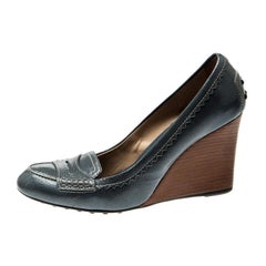 Tod's Blue Textured Leather Wedge Heel Penny Loafer Pumps Size 38.5