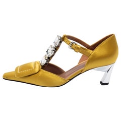 Marni Yellow Satin Crystal Embellished T-Bar Pumps Size 36