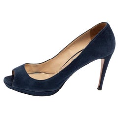 Prada Navy Blue Suede Peep-Toe Platform Pumps Size 38.5