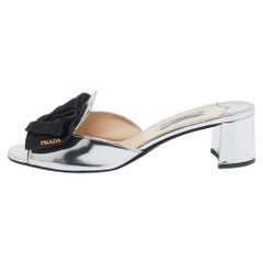 Prada Silver/Black Patent Leather and Canvas Bow Slide Sandals Size 38