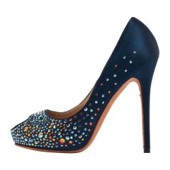 Alexander McQueen Navy Blue Satin Crystal Embellish Peep Toe Pumps Size 36