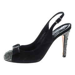 Gina Black Suede Crystal Embellished Cap Toe Slingback Sandals Size 37.5