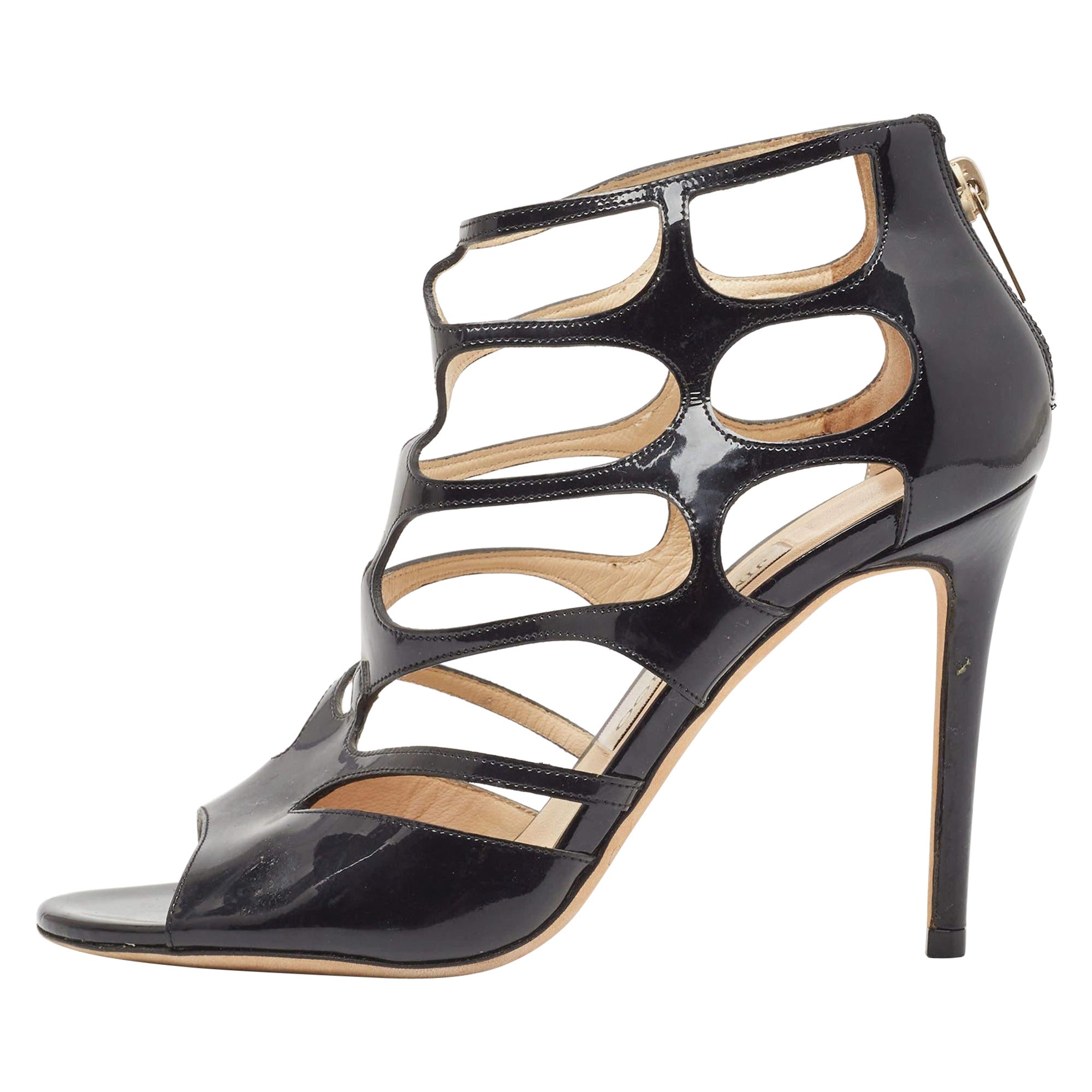 Jimmy Choo Black Patent Leather Cut Out Peep Toe Sandals Size 37 For Sale