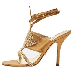 Gina Gold Texture Suede Crystal Embellished Ankle Wrap Sandals Size 39