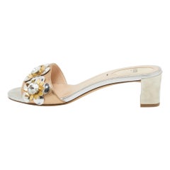 Fendi Metallic Leather Crystal Embellished Flowerland Slide Sandals Size 37