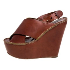 Chloe Brown Leather Criss Cross Platform Wedge Sandals Size 38