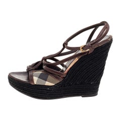 Burberry Brown Canvas And Leather Wedge Sandals Size 39
