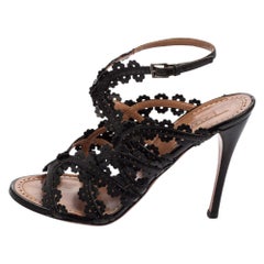 Alaia Black Leather Floral Cut-Out Ankle-Strap Sandals Size 38.5