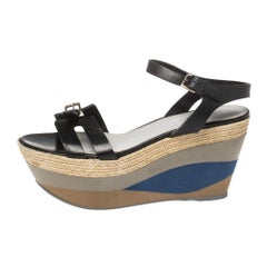 Sergio Rossi Black Leather Wedge Espadrille Ankle Strap Sandals Size 40