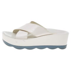 Prada White Patent Leather Crisscross Platform Slide Sandals Size 38