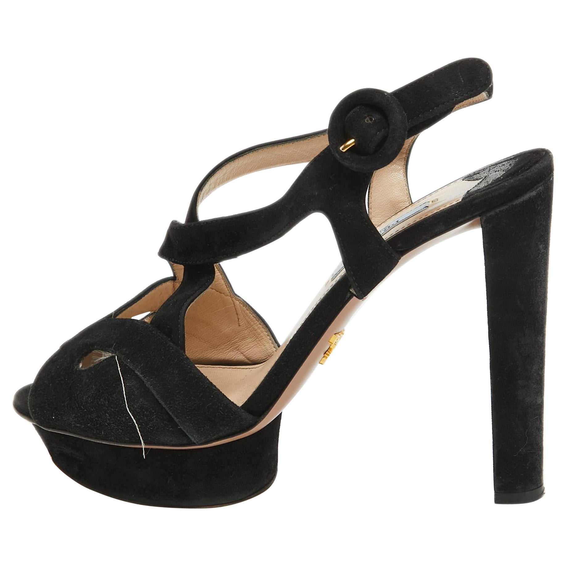 Prada Black Suede Platform Slingback Sandals Size 38