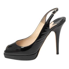 Jimmy Choo Black Patent Leather Peep Toe Slingback Sandals Size 37.5