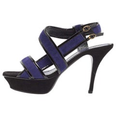 Saint Laurent Navy Blue/Patent Leather Platform Ankle Strap Sandals Size 37.5