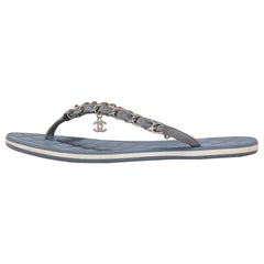 Chanel Light Blue Suede Chain Link Flat Thong Sandals Size 36.5
