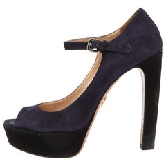 Prada Blau/Schwarze Wildleder Plateausandalen mit Knöchelriemen Größe 39,5