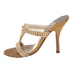 Gina Gold Crystal Embellished Leather Mule Sandals Size 37