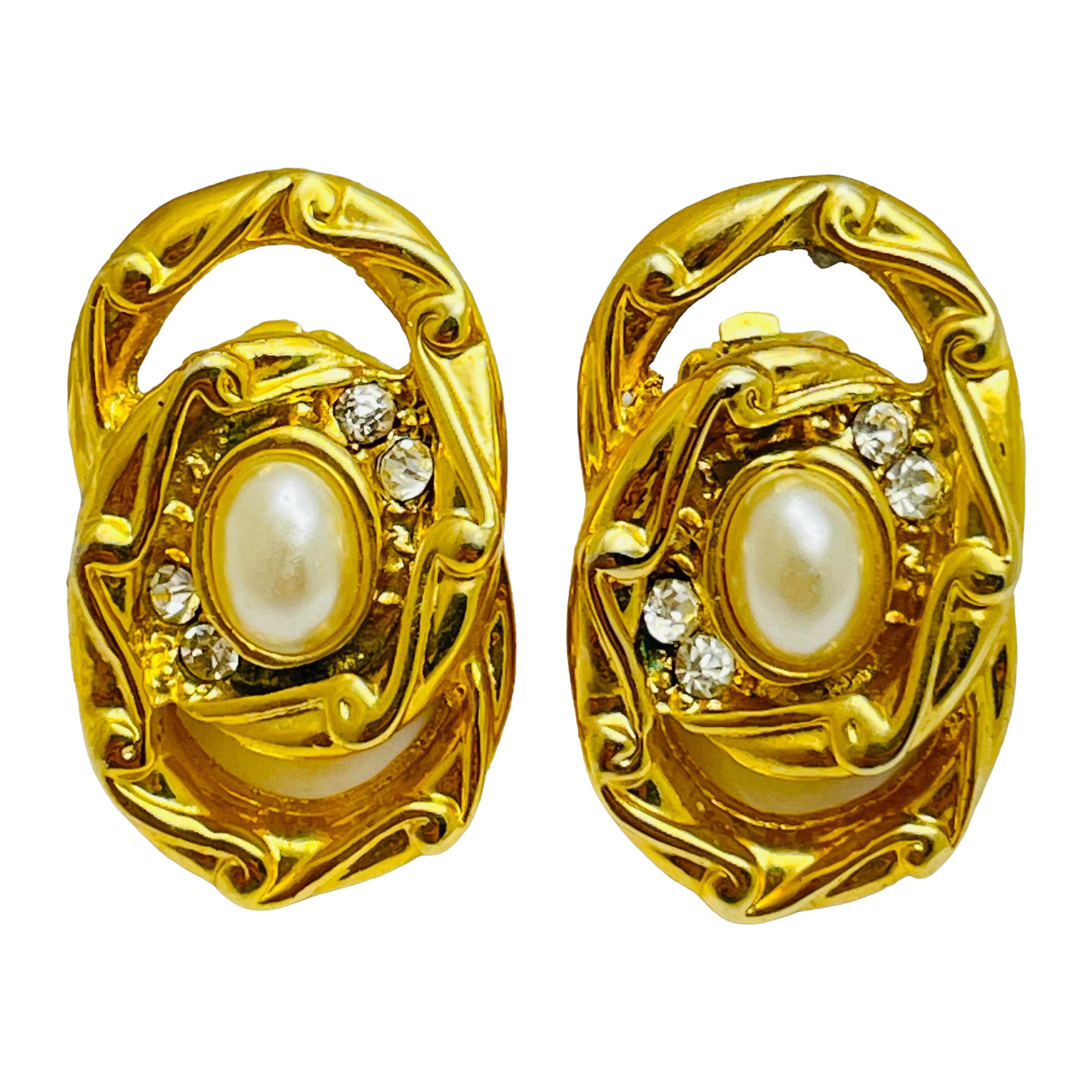 Pendientes de clip de diseño vintage con perlas doradas y strass en venta
