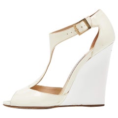 Jimmy Choo White/Cream Patent Leather Token T Strap Wedges Size 38.5