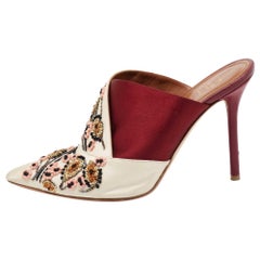 Malone Souliers Off White/Burgundy Satin Floral Pointed Toe Mules Size 37