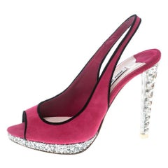 Miu Miu Pink Suede Crystal Heel Gliiter Peep Toe Slingback Sandals Size 37.5