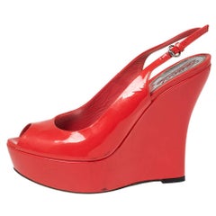 Gucci Coral Red Patent Leather Peep-Toe Slingback Wedge Sandals Size 37.5