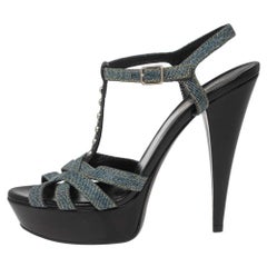 Saint Laurent Blue Denim Tribute Platform Sandals Size 39