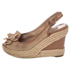 Valentino Beige Fabric And Leather Flower Wedge Slingback Sandals Size 37.5