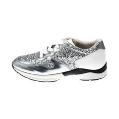 Tod's Metallic Silver Glitter and Leather Sportivo Lace Up Sneakers Taglia 36