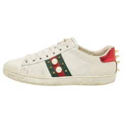 Gucci White Leather Pearl Embellished and Spiked Ace Sneakers Size 38