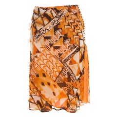 Escada Orange Abstract Print Silk Georgette A Line Skirt L