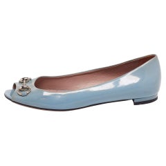 Gucci Grey Patent Leather Horsebit Peep Toe Ballet Flats Size 36.5