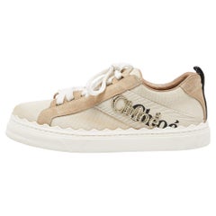 Chloé Beige Canvas and Suede Lauren Logo Embroidered Low Top Sneakers Size 39
