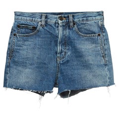 Yves Saint Laurent Blue Embroidered Denim Raw-Edge Shorts S