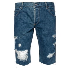Balmain Blue Distressed Denim Frayed Edge Detail Shorts M