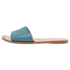 Bottega Veneta Blue Intrecciato Leather Flat Slides Size 36