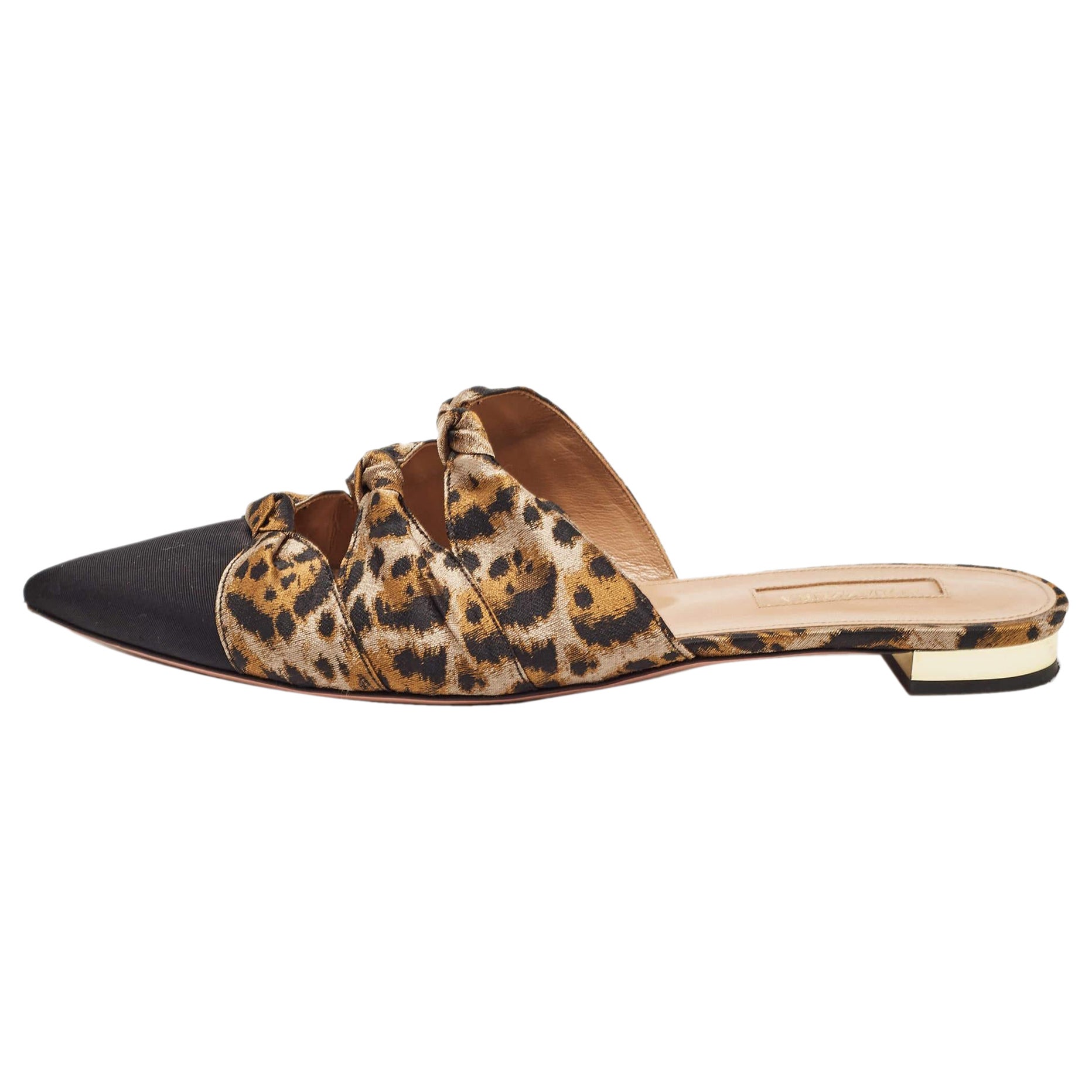 Aquazzura Black/Beige Leopard Print Fabric Mondaine Mules Size 38 For Sale