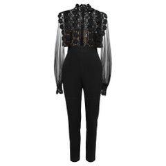Self-Portrait Black Lace and Crepe Semi Sheer Jumpsuit M