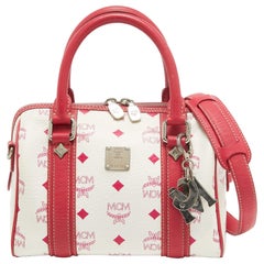 Sac Boston MCM rose/blanc Visetos en toile enduite et breloque en cuir