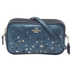 Coach Metallic Blue Leather Studded Double Zip Crossbody Bag