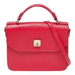 MCM Red Leather Turnlock Flap Top Handle Bag